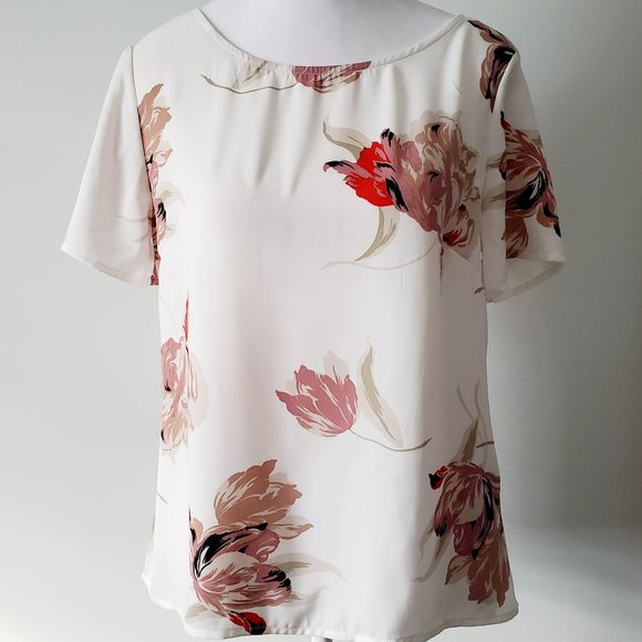 Super Pretty Large Floral Print Blouse Top V Back Boxy s/s Spring Office Siren - Picture 2 of 7